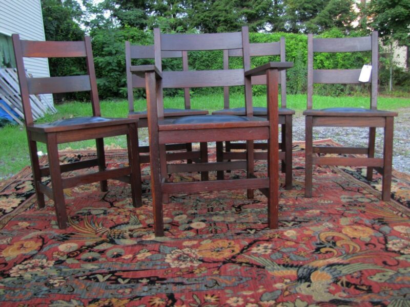 Antique Set of Five Gus Stickley Dining Chairs w5655