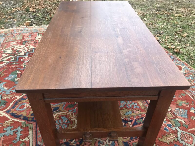 Great Antique L&JG STICKLEY three drawer Library Table  W081 - Image 9