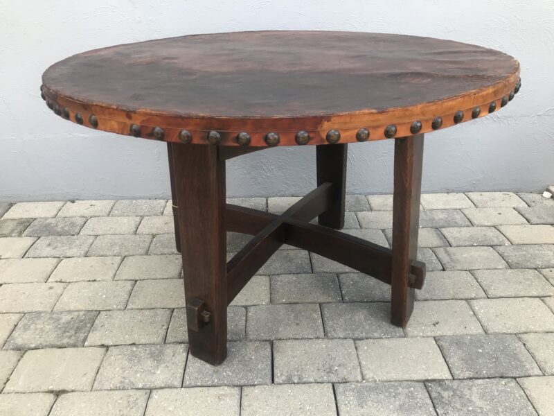 Rare Gustav Stickley Table with Original Leather - 48" Diameter - W5284 - Image 12
