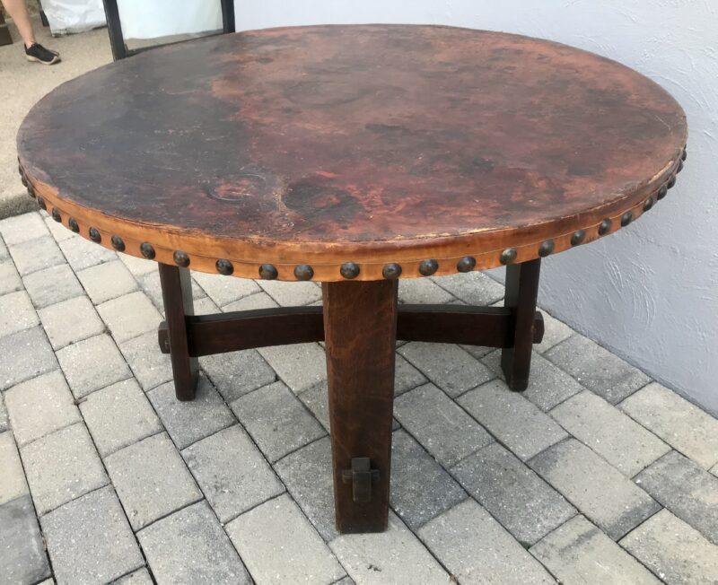 Rare Gustav Stickley Table with Original Leather - 48" Diameter - W5284 - Image 10