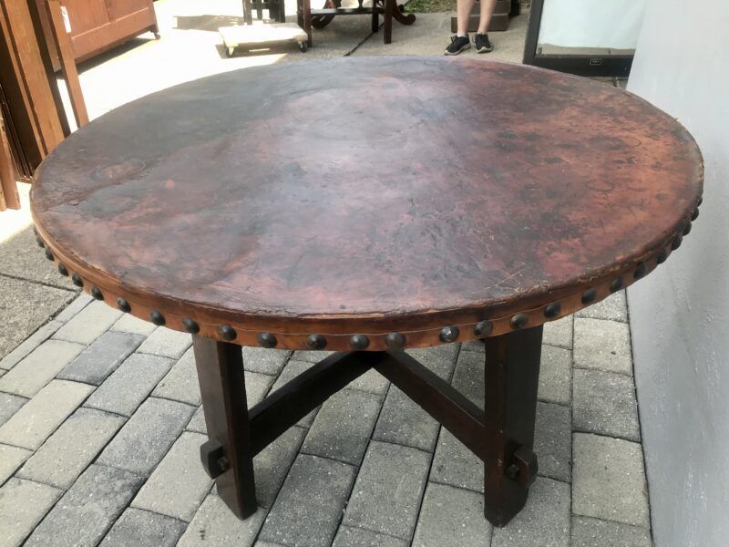 Rare Gustav Stickley Table with Original Leather - 48" Diameter - W5284 - Image 8
