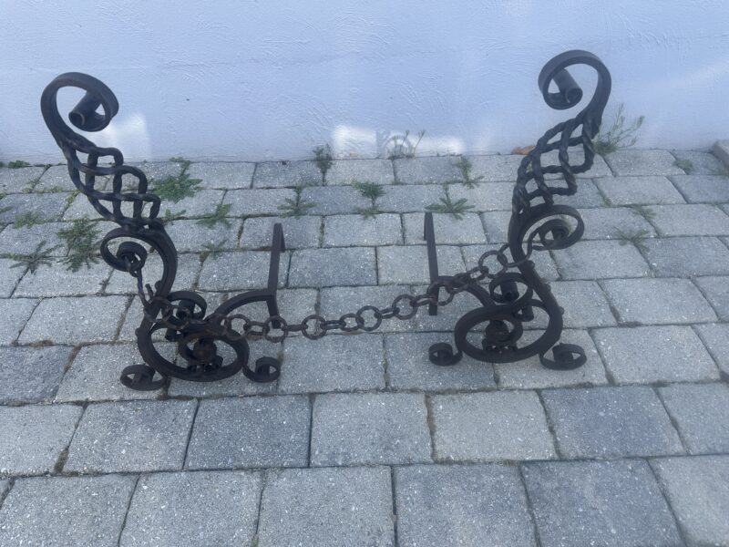 Very Ornate Antique Roycroft Arts & Crafts Wrought Iron Fireplace Andirons - E04 - Image 4