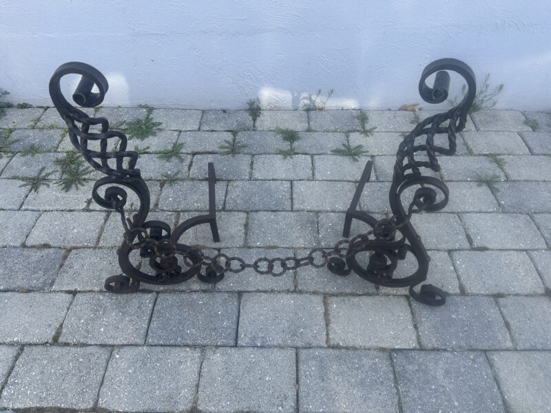 Very Ornate Antique Roycroft Arts & Crafts Wrought Iron Fireplace Andirons - E04 - Image 3