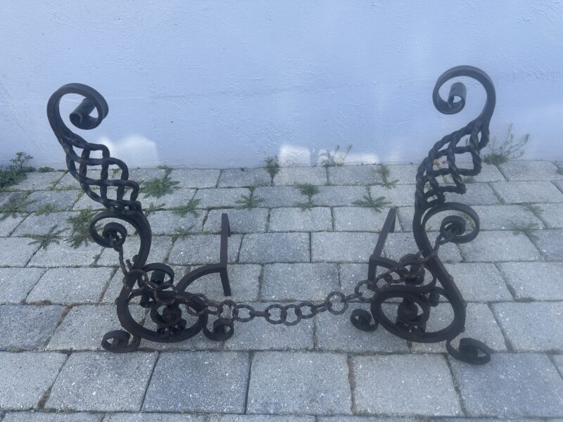 Very Ornate Antique Roycroft Arts & Crafts Wrought Iron Fireplace Andirons - E04 - Image 2