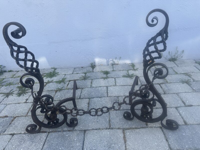 Very Ornate Antique Roycroft Arts & Crafts Wrought Iron Fireplace Andirons - E04 - Image 6