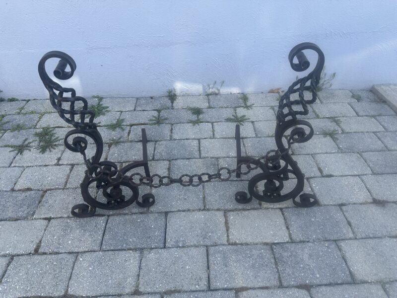 Very Ornate Antique Roycroft Arts & Crafts Wrought Iron Fireplace Andirons - E04 - Image 10