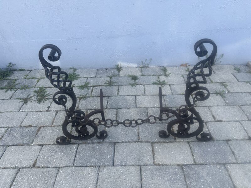 Very Ornate Antique Roycroft Arts & Crafts Wrought Iron Fireplace Andirons - E04