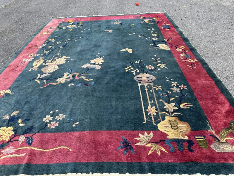 Antique Art Deco Chinese Rug, Dark Fuschia and Dark Teal R4663