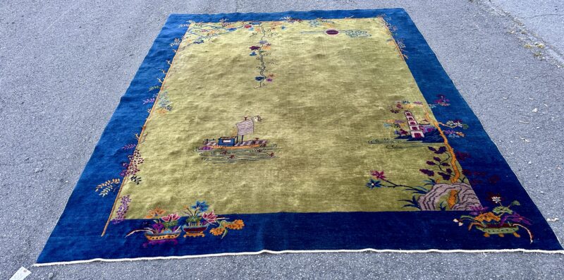 Antique Art Deco Chinese Rug with Olive and Violet Colors and Hints of Gold RR5164 - Image 6
