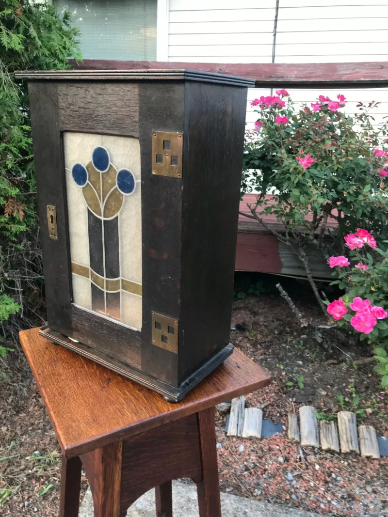 Antique Arts & Crafts Cabinet Stained Glass Stickley Era - w7057